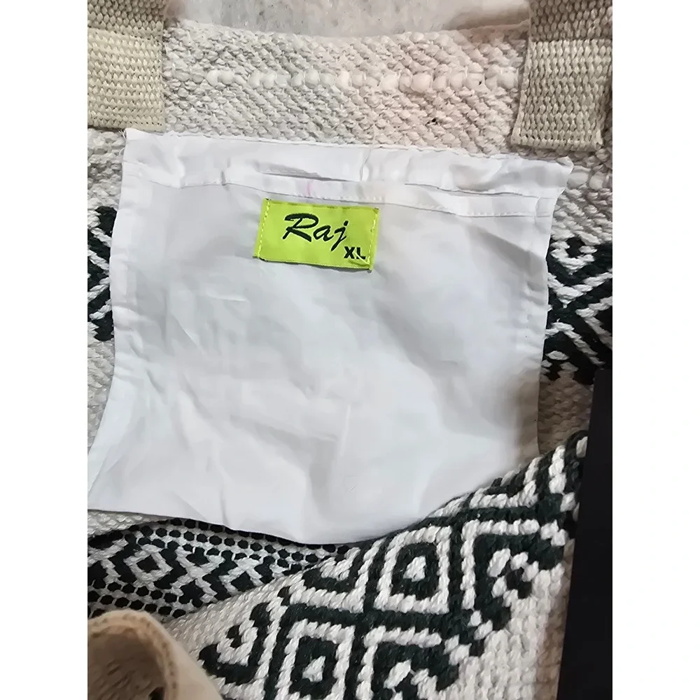 Raj XL Women Woven Cotton Boho Tote Bag Green White Geometric Fringe Pom Pom NEW